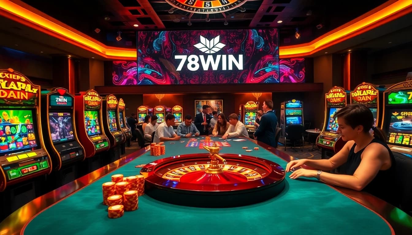 Players enjoying casino games at 78WIN, surrounded by vibrant slot machines and elegant setups.