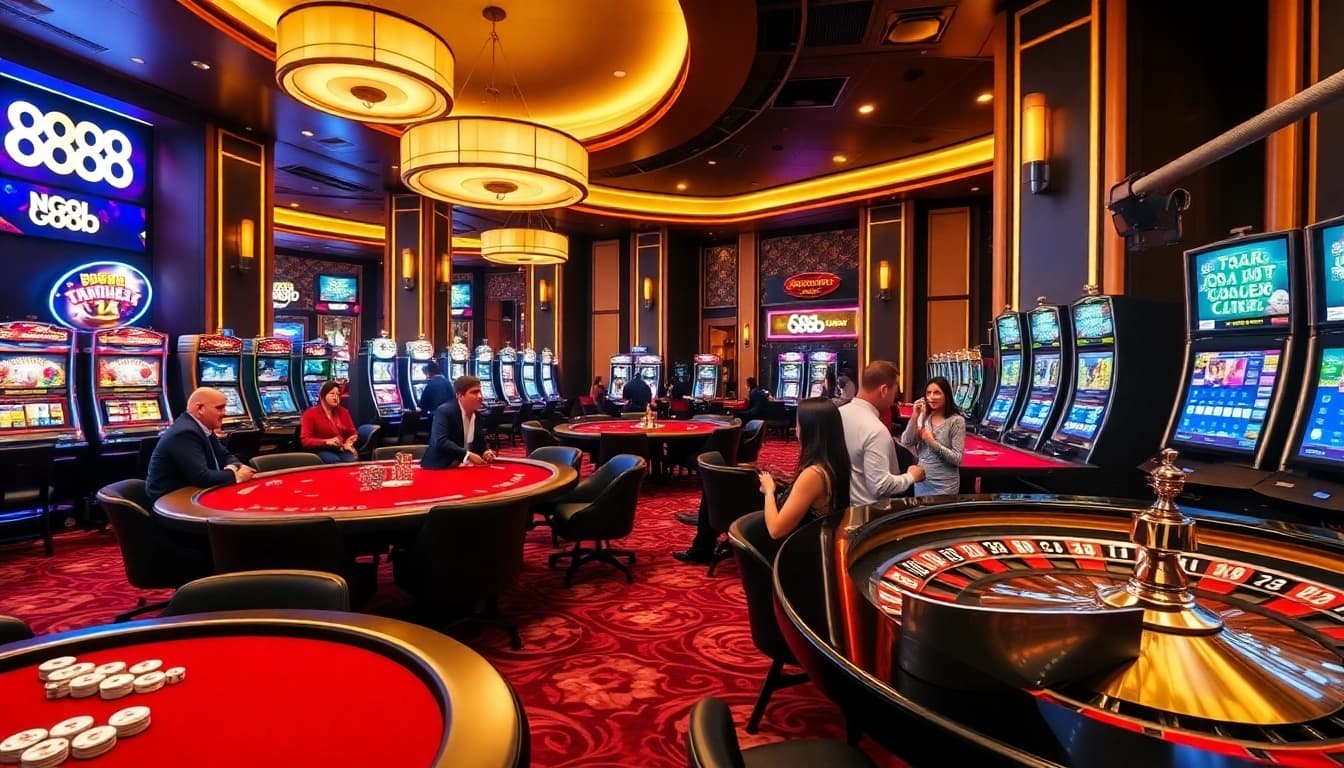 Experience the vibrant gaming ambiance at 888b casino with thrilling poker tables and slot machines.