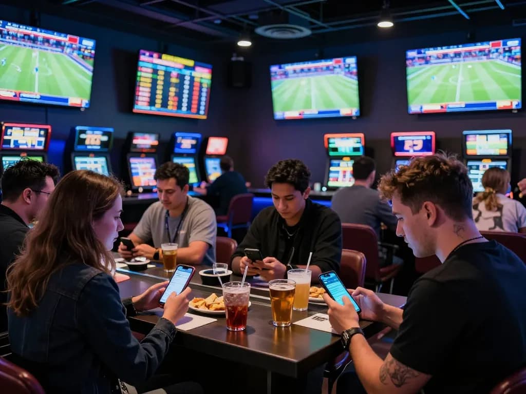 nhandinhkeonhacai captures a lively sports betting venue with excited patrons engaged in betting strategies.