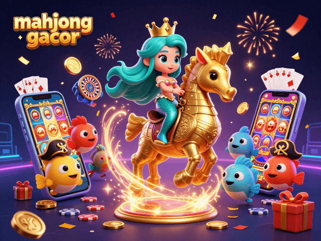 Engage in mahjong gacor with our vibrant 3D illustration showcasing a fantastical casino world filled with dynamic game elements.