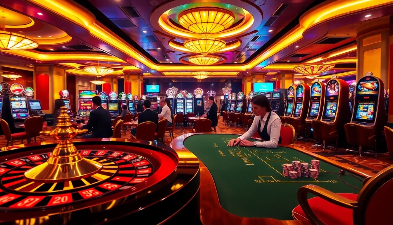 Players enjoying a thrilling game at SCLUB88 casino, featuring roulette wheels and vibrant slot machines.