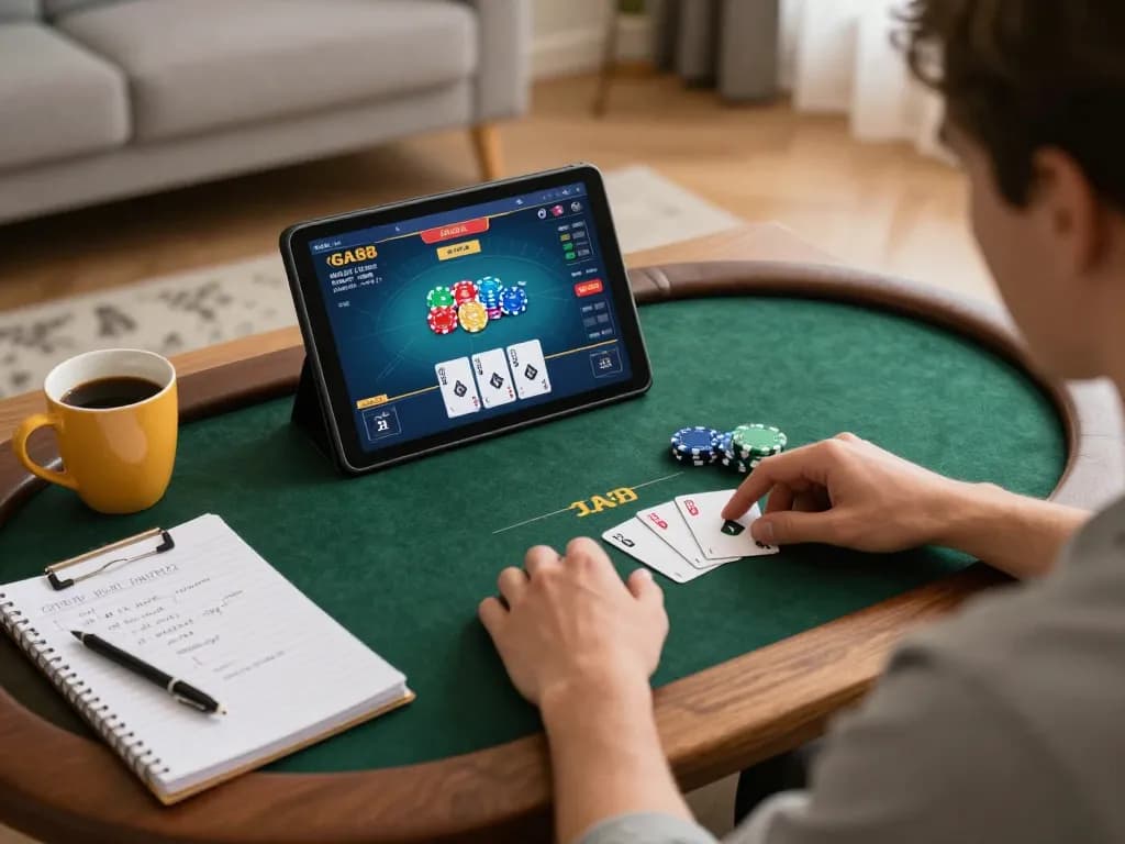Player engaging with GA88 poker interface while studying strategies at home, creating a responsible gaming atmosphere.