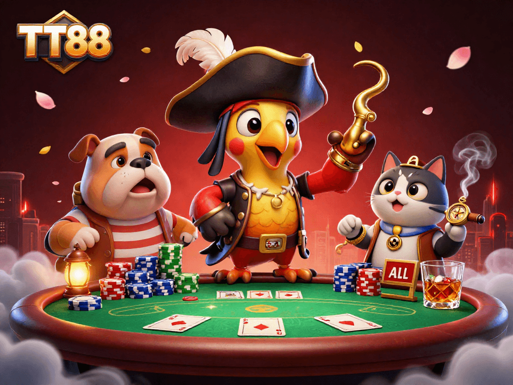 Join the TT88 action at the poker table with a dynamic pirate scene featuring vibrant characters.