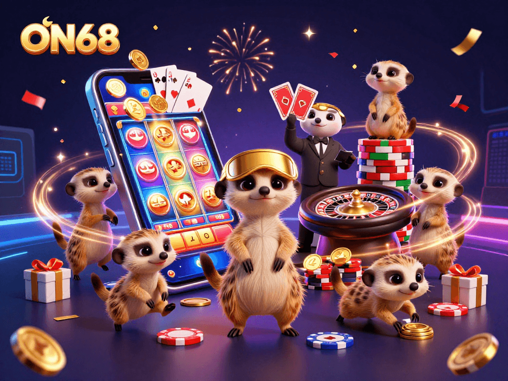 ON68 meerkats manage a vibrant casino scene with colorful slots and rich gaming elements.