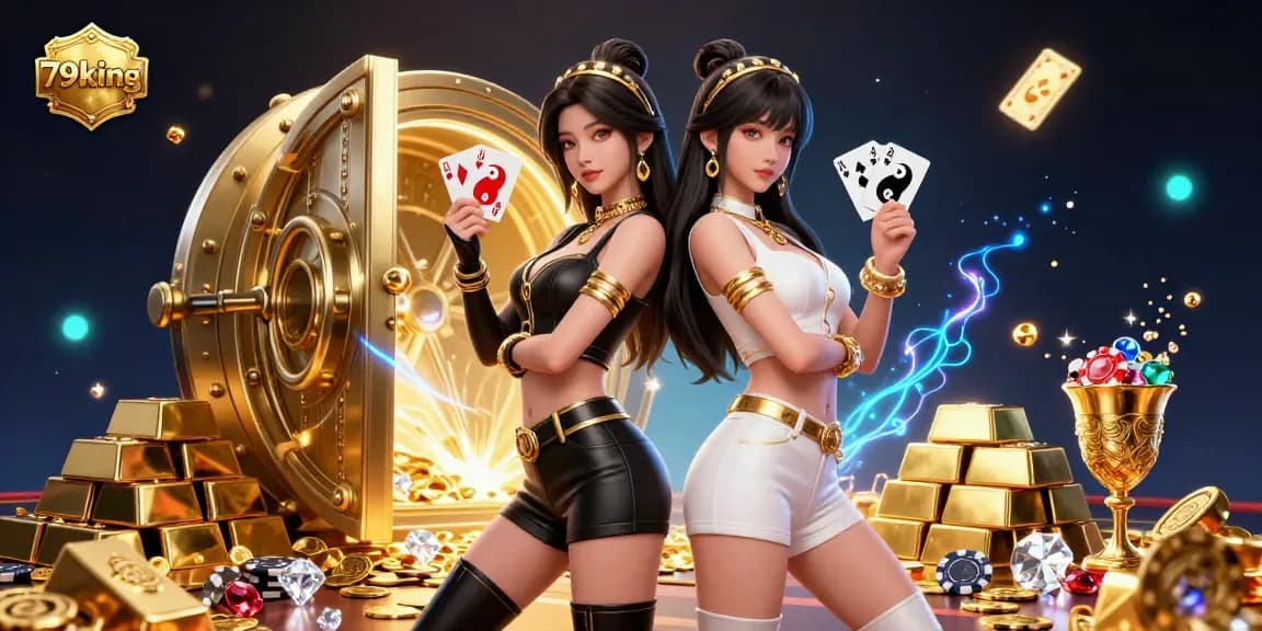 Experience the thrill of 79king with stunning twin dealers showcasing dynamic playing cards and casino glamour.