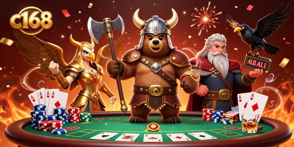 c168 showcases an epic Viking bear and Valkyrie at a vibrant poker table.
