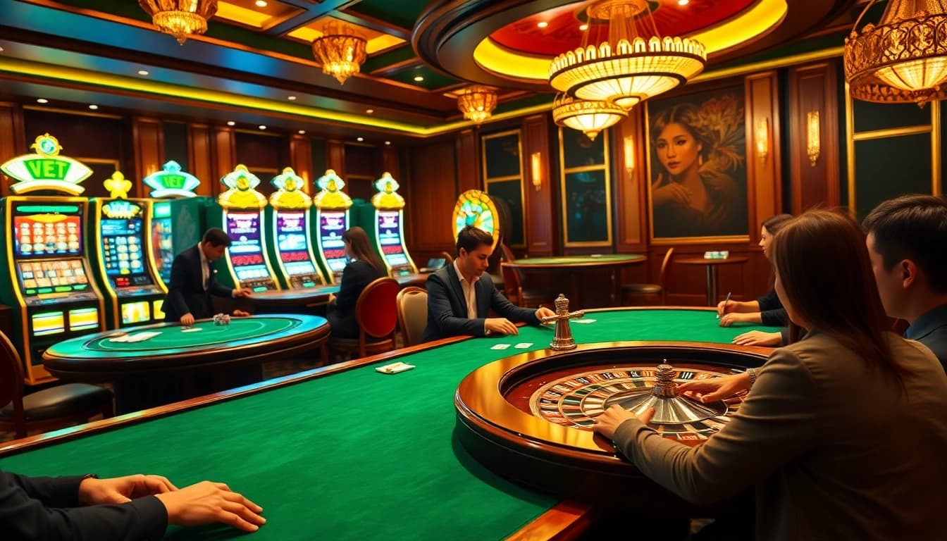 Action-packed gambling scene at https://vn88.directory/ with vibrant poker games and roulette excitement.