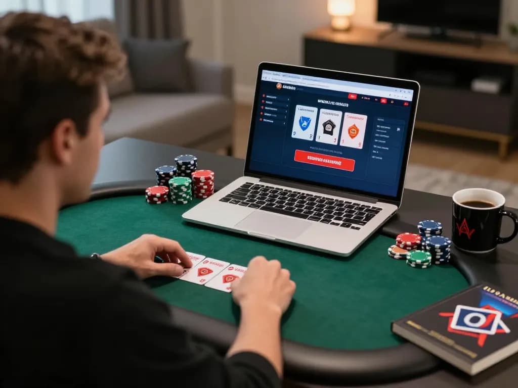 Engaged player strategizing poker gameplay on kkwin casino in a modern home office setting