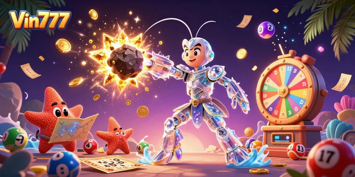 Experience the excitement of Vin777, where a mantis shrimp hero battles for jackpots amidst colorful games.