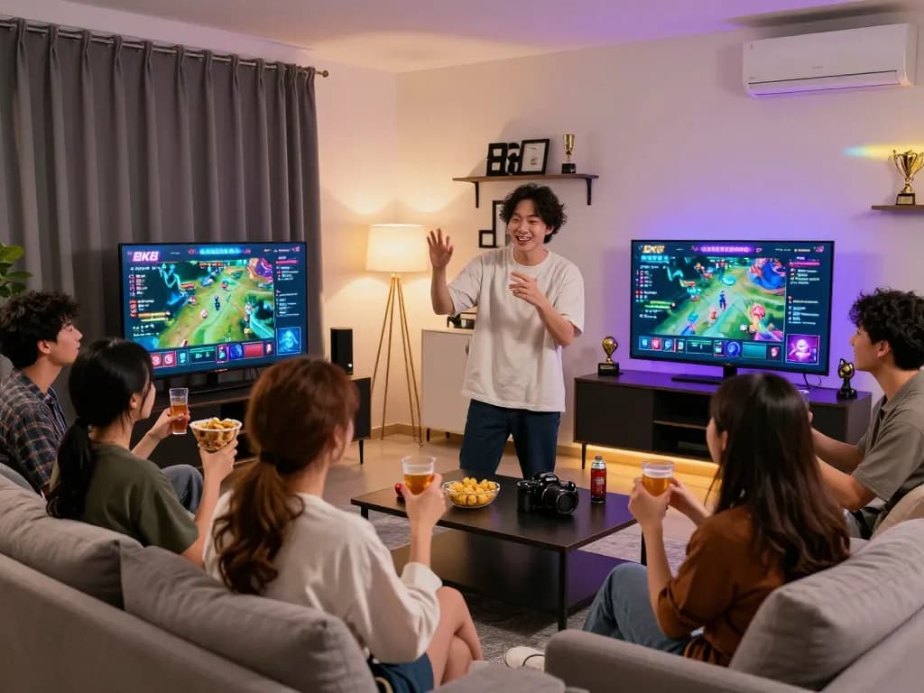 Friends enjoying an online gaming session with BK8 platform displayed on screens, creating an energetic atmosphere.