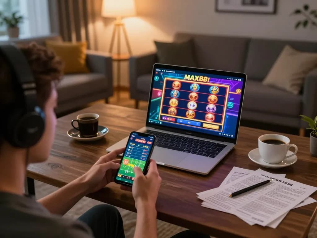 Player enjoying the MAX 88 casino app for online gambling in a cozy home setting