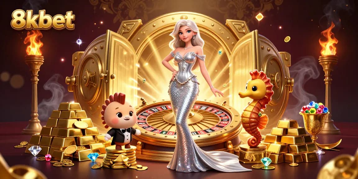 Engage with top games at 8xbet, featuring a dazzling roulette wheel and treasures in a vibrant casino scene.