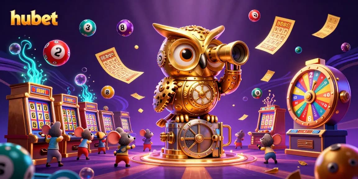 Engage with hubet's thrilling casino experience featuring vibrant games, a golden owl, and lively patrons.