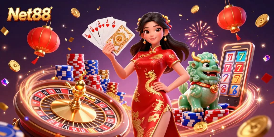 Net88 offers thrilling gambling action with a captivating woman in traditional attire and vibrant casino elements.