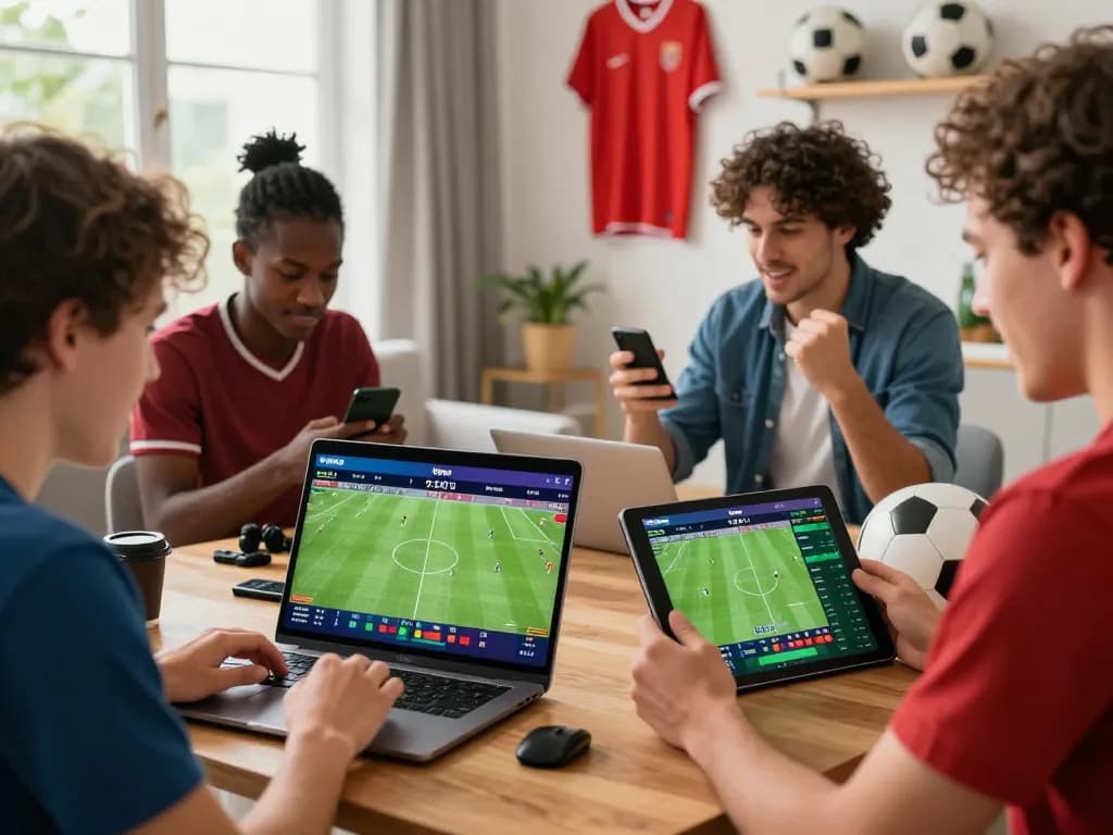 Engaged individuals enjoy online betting with Nowgoal, showcasing real-time game stats and excitement.
