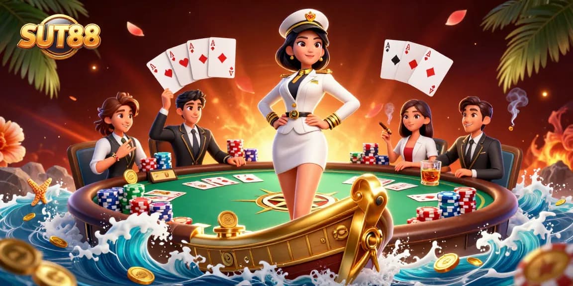SUT88 offers an engaging casino experience with a vibrant illustration depicting poker gameplay, emphasizing action and thrill.