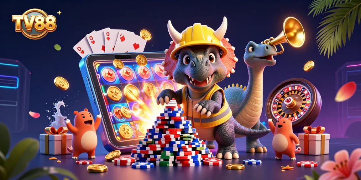 Experience the thrilling excitement of TV88 with this jubilant 3D casino illustration featuring vibrant gambling elements.