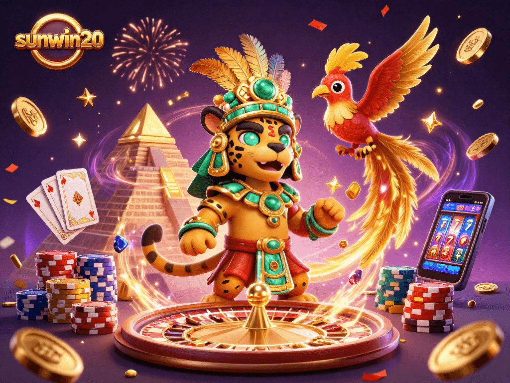 Engage in thrilling gameplay with sunwin20, a vibrant illustration showcasing dynamic casino elements and festive energy.