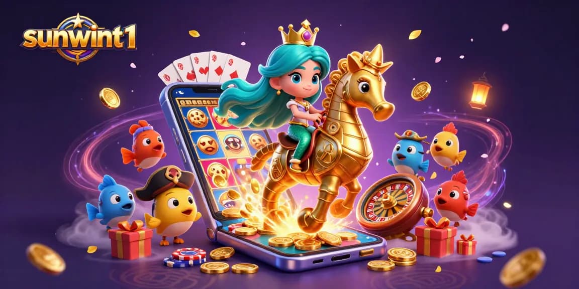 Experience thrilling gaming with sunwint1 as the mermaid princess rides a seahorse amidst vibrant casino elements.