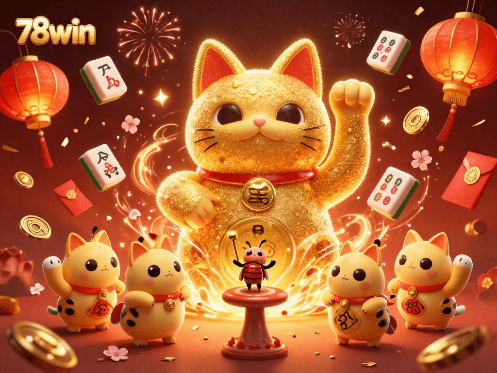 Engage with 78win's luck through vibrant 3D illustration featuring a lively lucky cat and casino symbols.
