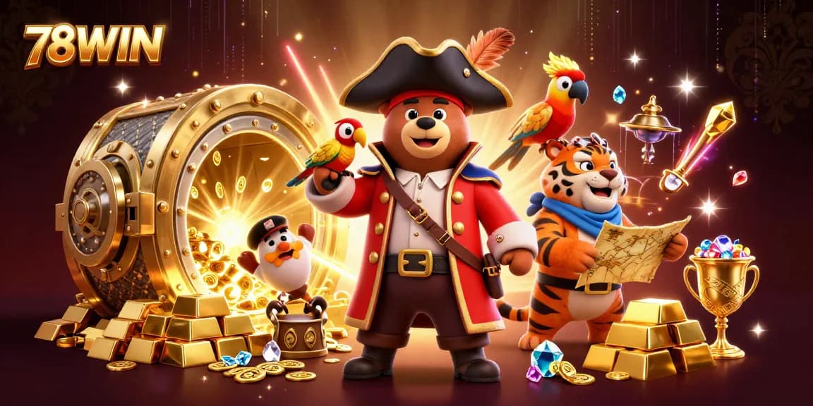 Experience thrilling wins at 78WIN with our vibrant 3D treasure illustration showcasing pirate captains and gold!