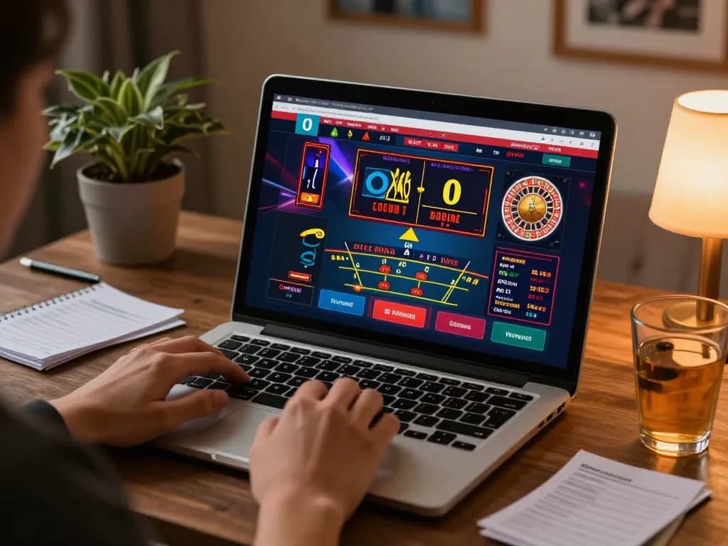 Engaging in online gambling at home with da88 on laptop showcasing table games and betting notes.