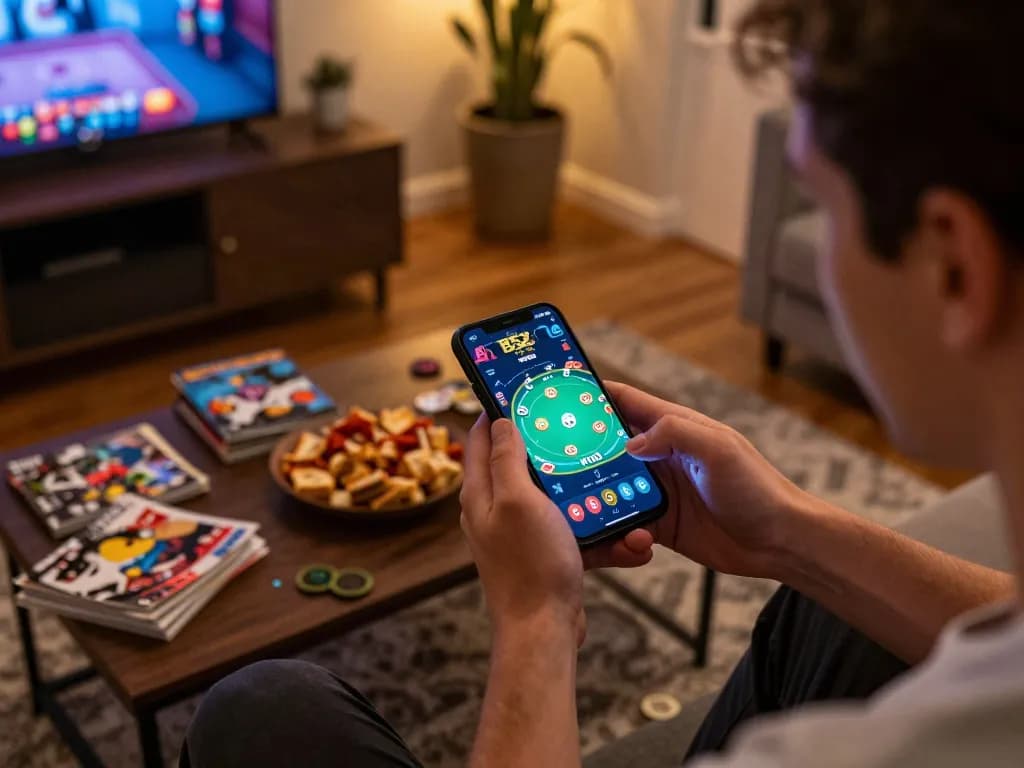 B52 Club user engaged in online poker game on smartphone in a cozy living room setting