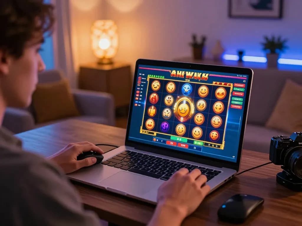 OKFUN user engaging in a thrilling online slot game spin showcasing dynamic graphics and vibrant colors in a cozy home setting.