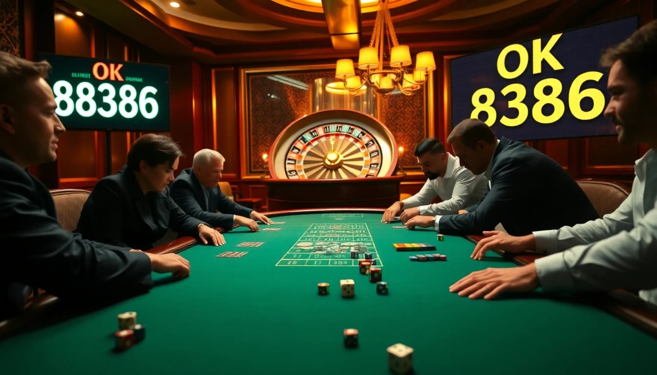 Experience the thrill of OK 8386 with professional poker action at a luxurious casino table.