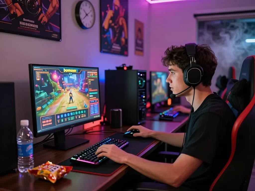 Exciting gaming setup with user engaging on the bomwin platform, stylish room and gaming accessories.