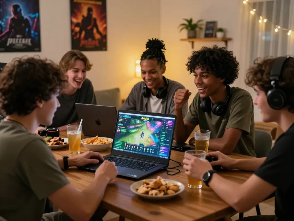 Friends enjoying a thrilling game session on Rikvip with snacks and warm lighting in a cozy setting.