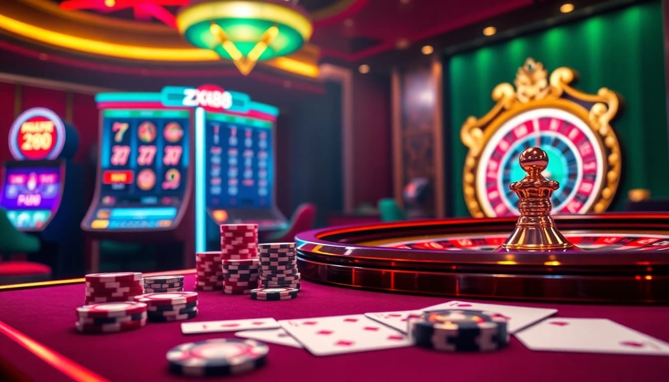 Experience exciting gambling action at https://zx88.live/ with a luxurious virtual casino setting featuring tables and slot machines.