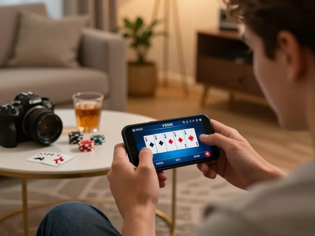 The excitement of online poker gameplay at VS555 Casino, featuring a smartphone displaying game strategy in a cozy home setting.
