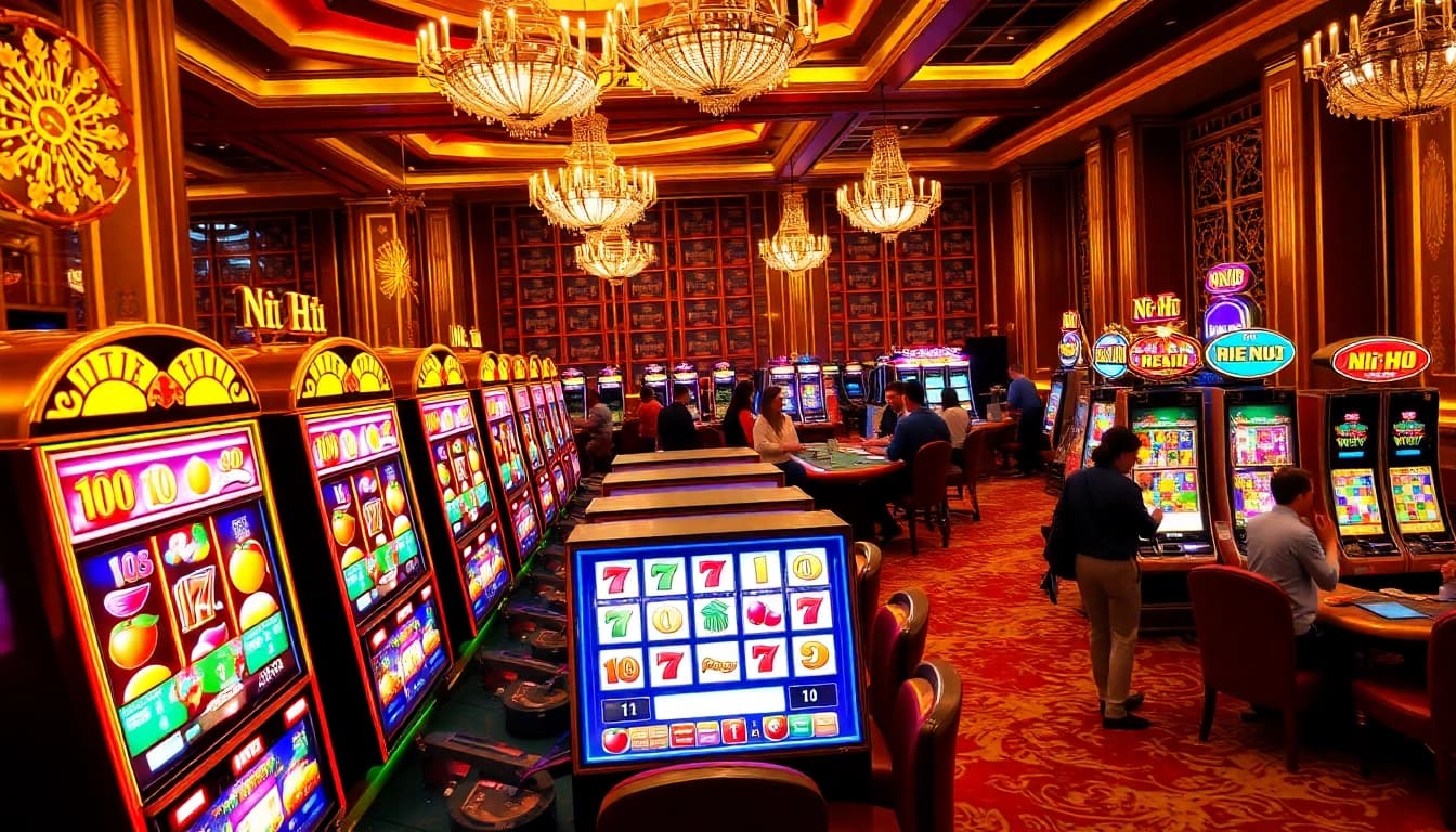 Players spinning nổ hũ slot machines in a glamorous casino venue, evoking excitement and anticipation.