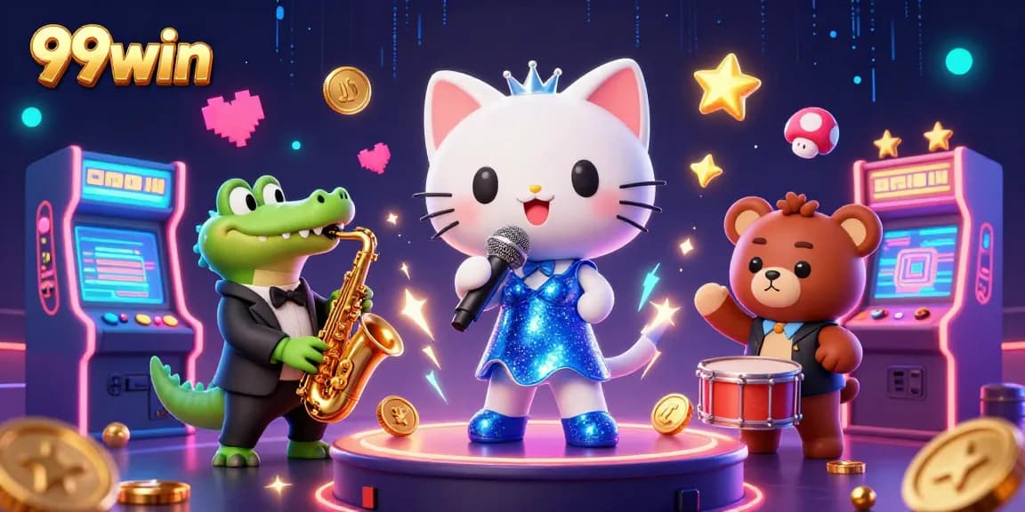 Engage in 99win gaming with vibrant characters and casino elements in a lively 3D scene.