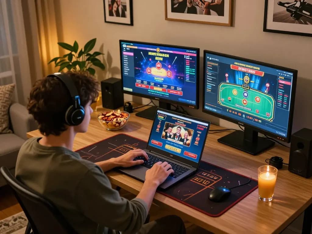 Engaging online gambling with 68gamebaivn displayed on laptop screen in a cozy home setup.