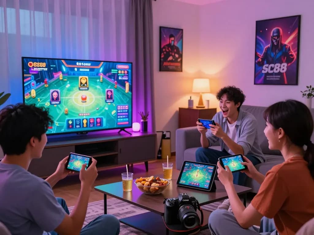 Group enjoying SC 88 mobile betting game in a lively living room setting.