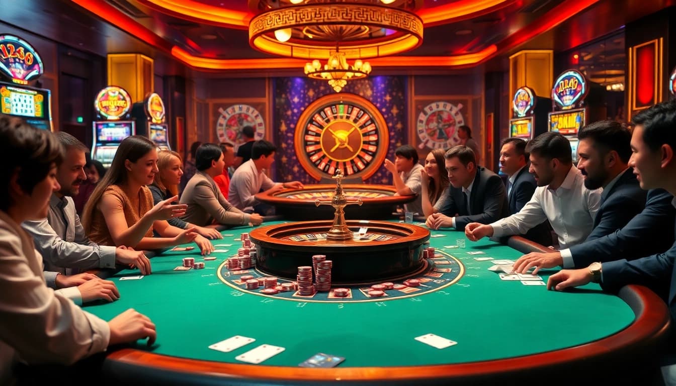 Players enjoying a thrilling poker game at km1888b casino, showcasing vibrant chips and an exciting atmosphere.