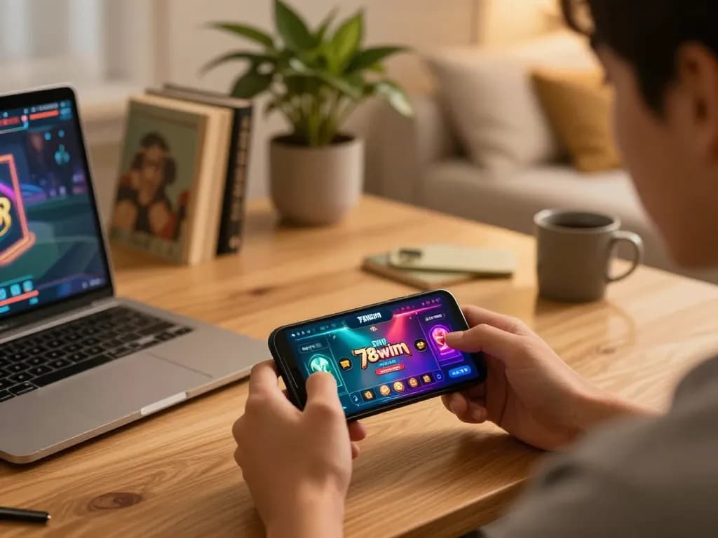 Engaged player using the 78wim app for online gaming in a cozy environment, showcasing strategic gameplay.