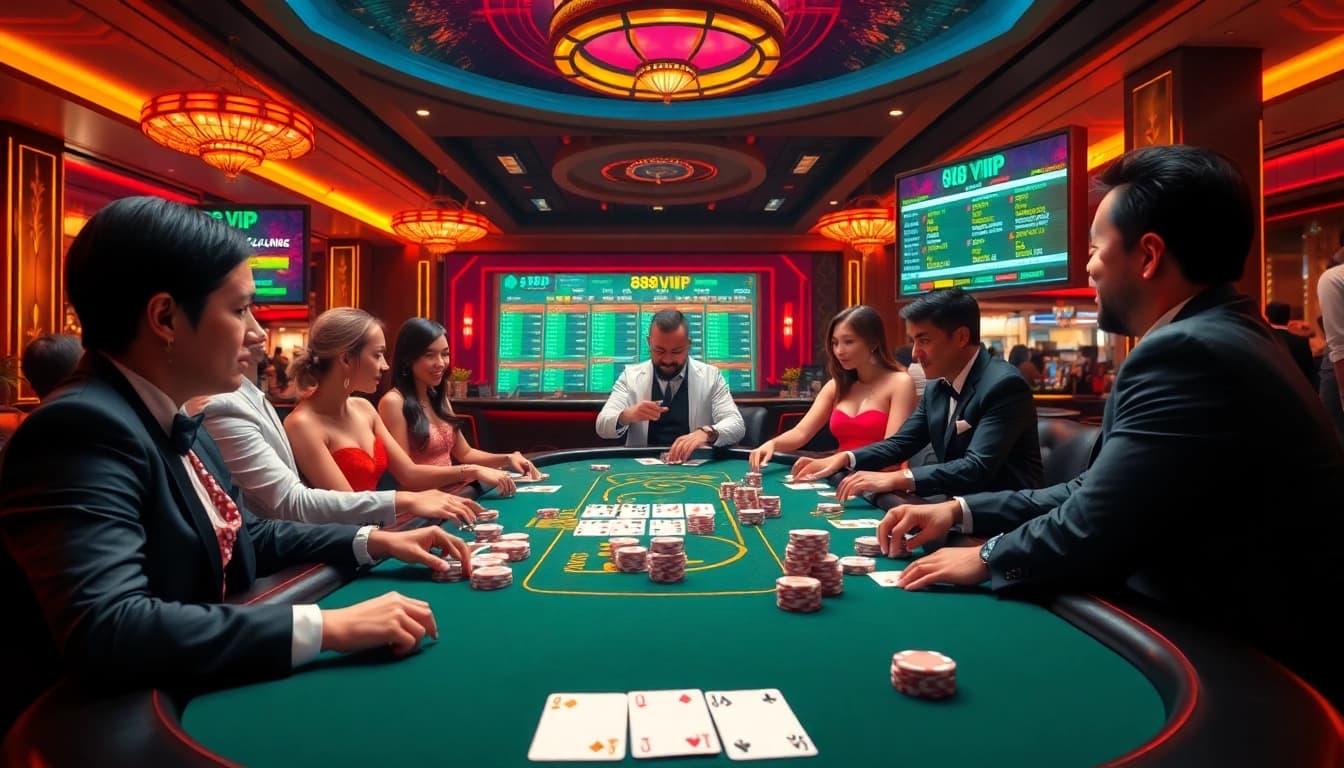 Experience the excitement of 888VND VIP at a dynamic casino table with players and vibrant betting action.