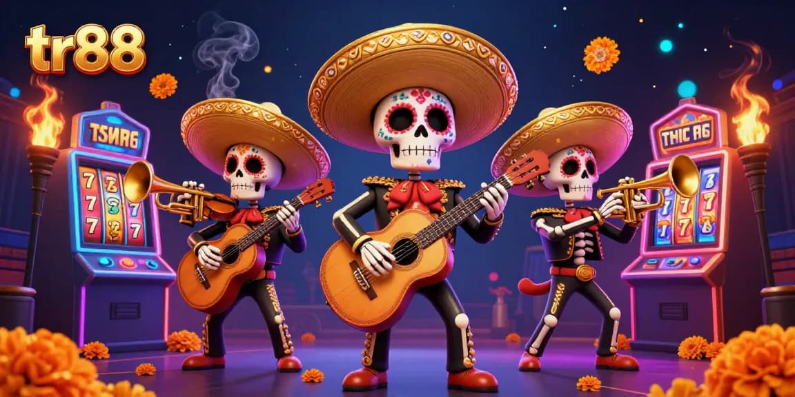 Experience excitement at tr88 with a vibrant 3D illustration of a lively mariachi band amidst slot game elements.