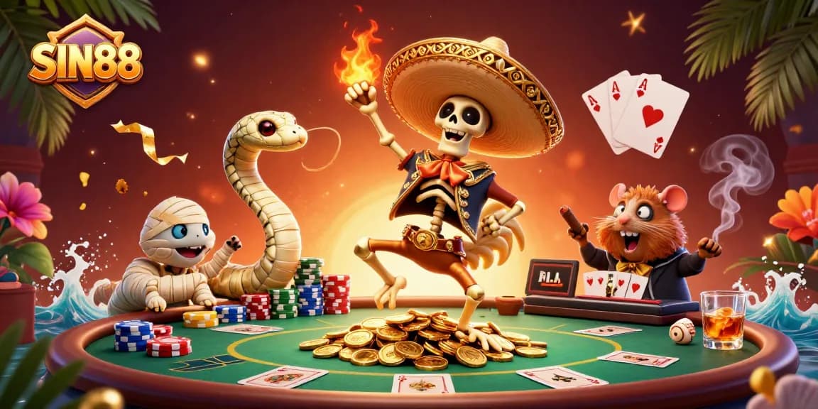 SIN88 showcases a vibrant 3D animated scene with casino characters celebrating atop golden coins