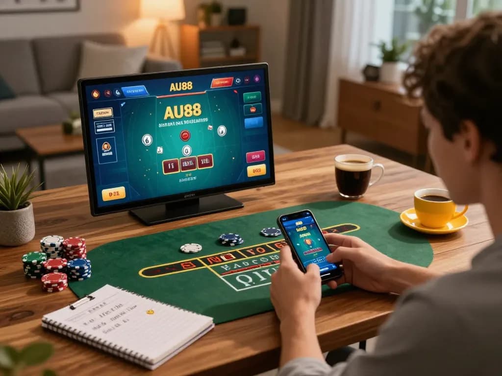 Exciting online gaming moment featuring code au88 on a smartphone, player engaging with live baccarat.