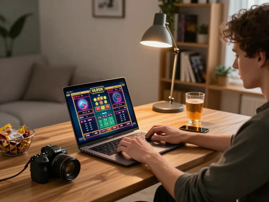 Engaging in online casino gameplay at home using a laptop on a stylish desk at https://kjc365.com/ with vibrant graphics and warm lighting.