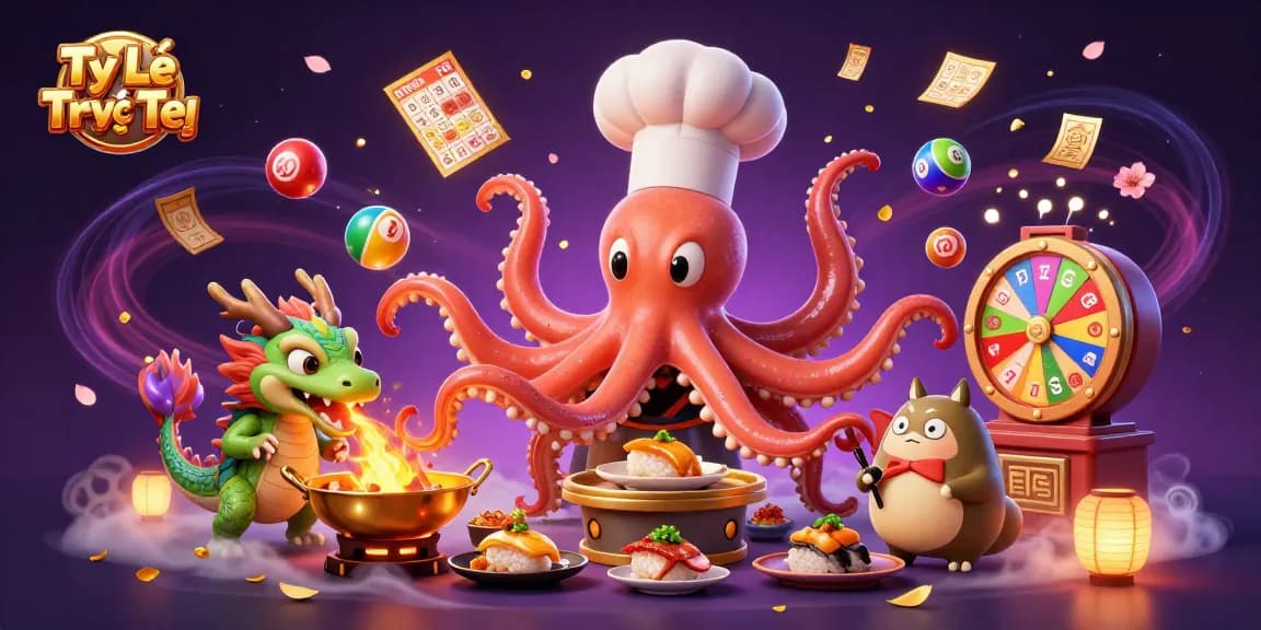 Tỷ Lệ Kèo Trực Tiếp showcases a vibrant casino scene featuring a sushi chef octopus and a dragon creating excitement among players.
