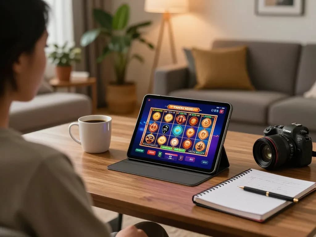 rikvip player engaging with fun online slot games on a tablet in a cozy home setting