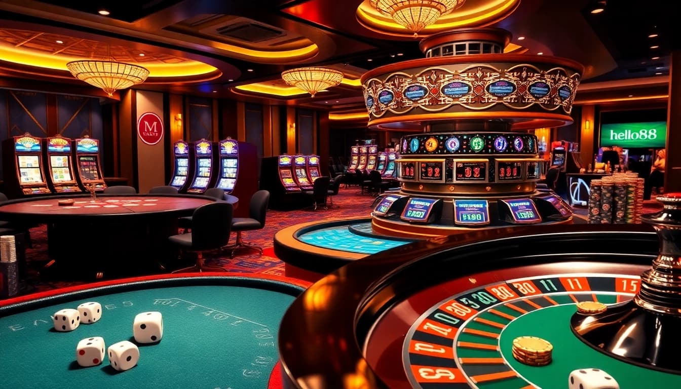 Engage with thrilling poker action at hello88 casino, featuring vibrant slot machines and strategic betting tables.