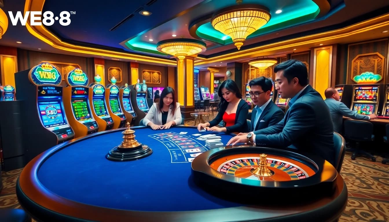 Experience the thrill of gambling at WE88 with an elegant casino atmosphere featuring tables and slots.