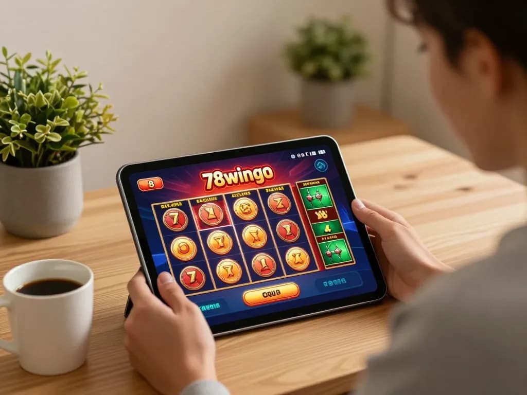Person enjoying gaming on the 78wingo app in a cozy home office environment.