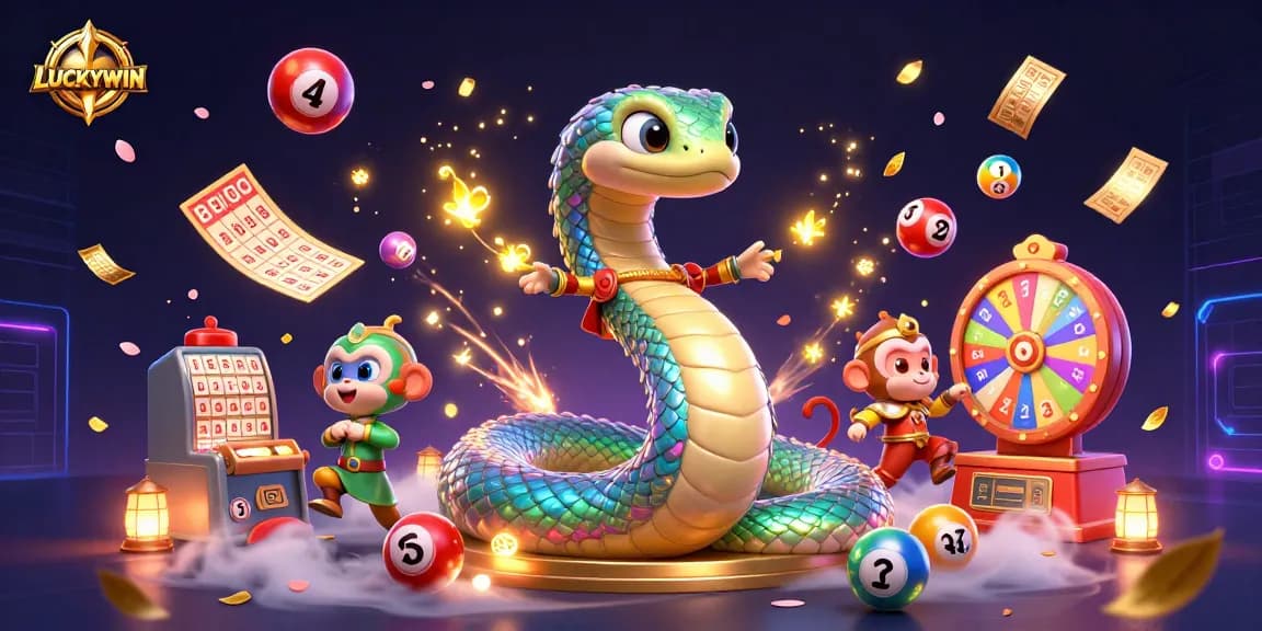 LUCKYWIN's vibrant illustration showcases thrilling lottery games with colorful balls and exciting casino elements.